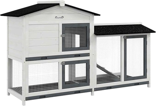 PawHut 62" Rabbit Hutch, Wooden Bunny Hutch, Guinea Pig Cage, Small Animal Enclosure with Run Area, Removable Tray, Asphalt Roof, Lockable Doors and Ramp, for Rabbits, Chickens, Ducks, White