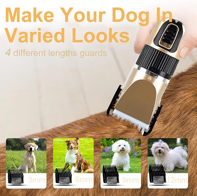 Dog Pet Grooming Kit Low Noise - Cordless Rechargeable Clippers for Dogs/Cats - Upgraded Accessory Version with Two Scissors and a Storage Bag (Gold)