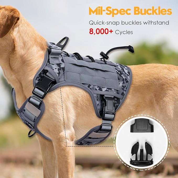 Heavy-Duty Tactical Dog Harness for Large Dogs, No Pull Adjustable Reflective Pet Vest with Molle System, K9 Military-Grade Control for Service Training, Outdoor & 10+ Breeds, Gray Camo, Large
