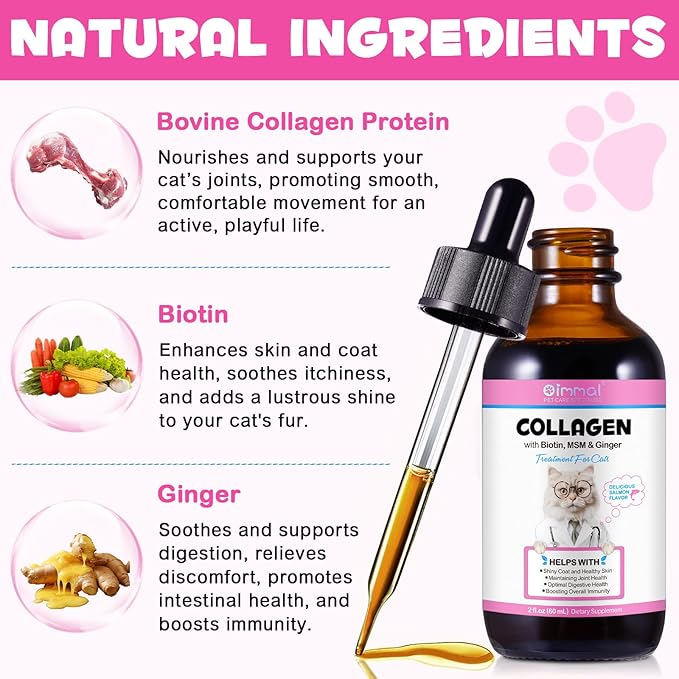 Collagen for Cats, Daily Liquid Collagen Drops for Cats with Allergies, Biotin, Vitamin C and Hyaluronic Acid, Improves Mobility Skin and Coat Health, Itch Relief for Cat, Salmon Flavor, 60ML