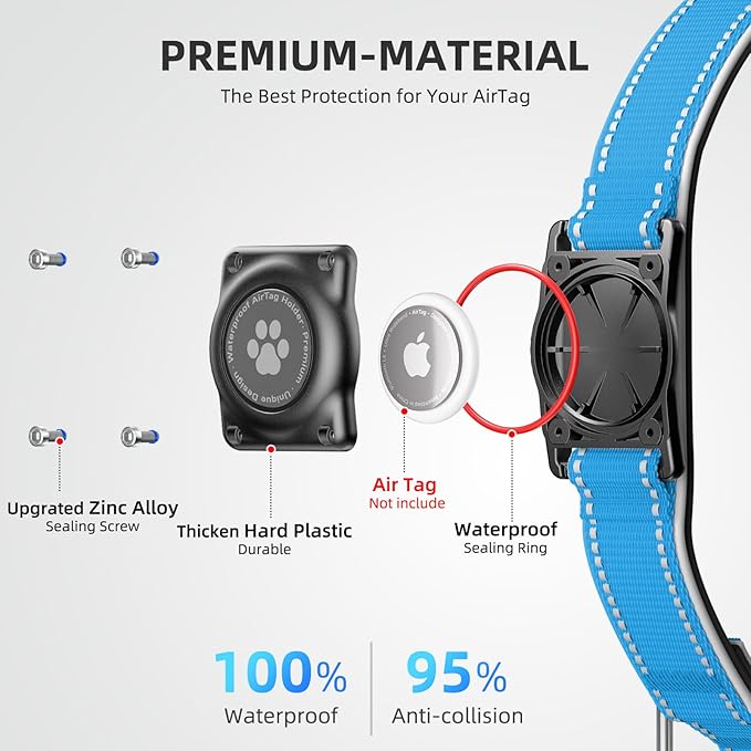 Airtag Dog Collar - 100% Waterproof Air tag Dog Collar Holder for Apple AirTag, Reflective, Soft Padded, Everlasting, GPS Dog Collar for Small Medium Large Dogs (Blue, XL)