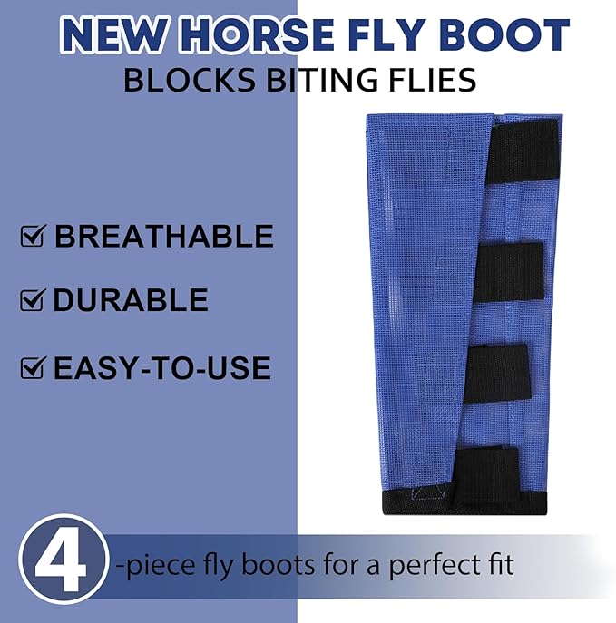 Premium 4-Pack Horse Fly Boots & Leggings Loose-Fit Fine Mesh with Stay-On Fasteners, Support Strips & Anti-Stomp Design Breathable Non-Slip Protection Leg Wrap (Large) Royal Blue