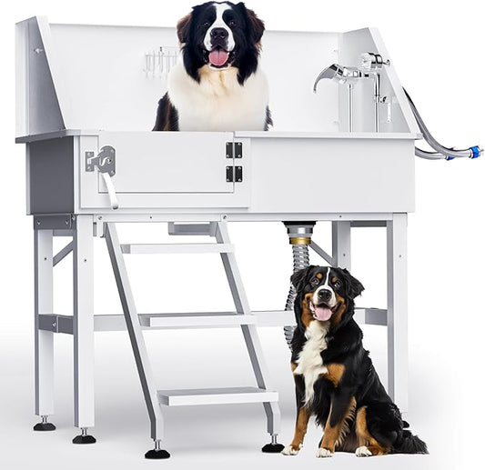 38" Dog Washing Station, Professional Stainless Steel Dog Bathing Station Dog Bathtub for Large & Medium Dog, Height Adjustable Dog Grooming Tub with Storage Basket, Movable Stair (Left Stair)