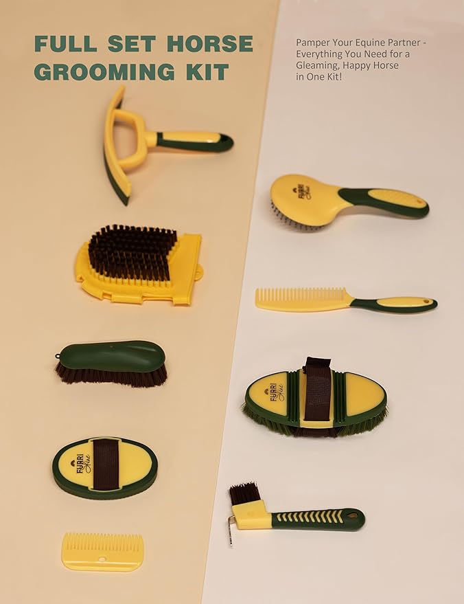 11PCS Horse Grooming Kit Curry Comb Sweat Scraper Horse Bathing Supplies Grooming Tools with Storage Bag Pasture Glow