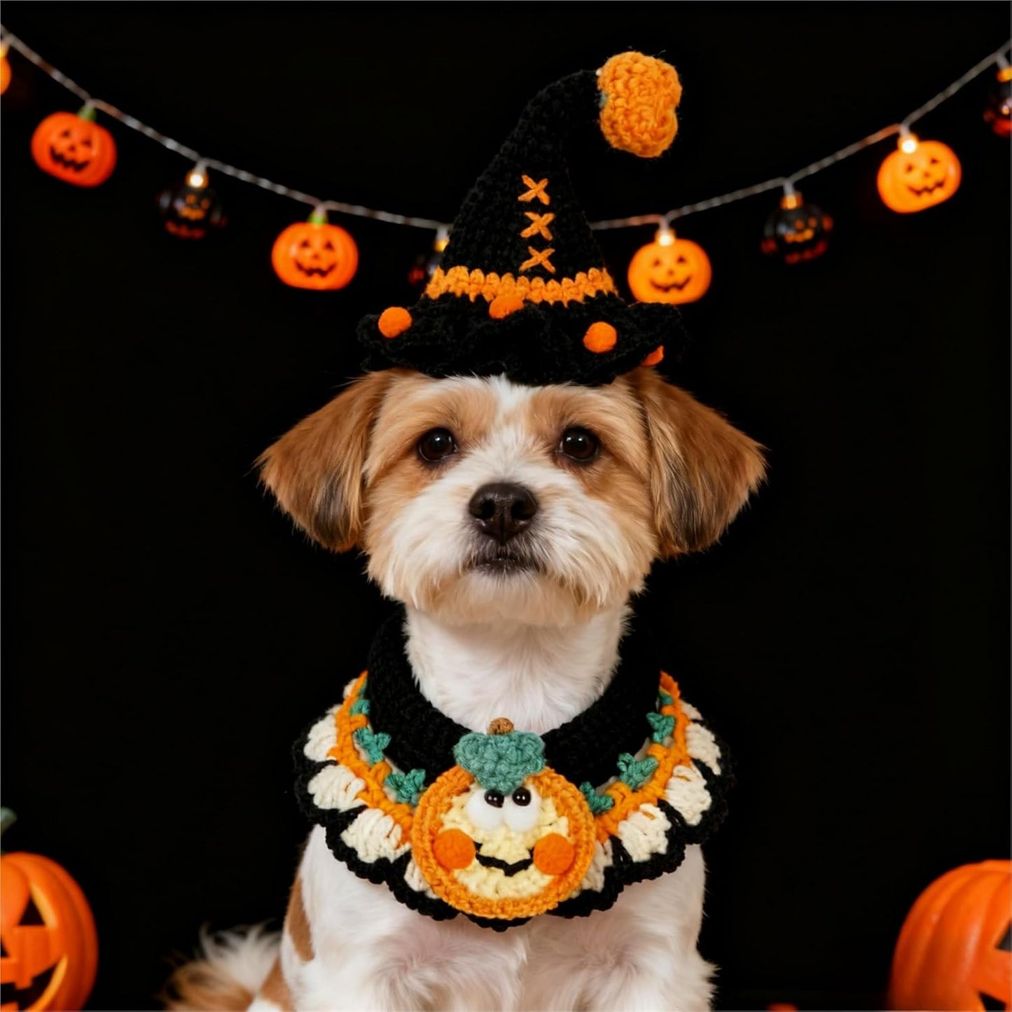 Halloween Dog Costume – Handmade Black Witch Hat & Cute Pumpkin Bandana, Adjustable Cat Outfit for Rabbits,Cats & Small Dogs, Lightweight & Breathable, Festive Pet Accessories (Small to Large Pets)