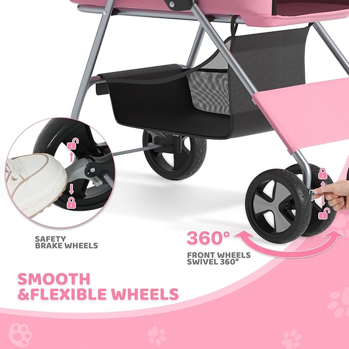 Magshion Foldable Pet Stroller, 3-in-1 Dog Travel Jogger with Detachable Carrier, Cup Holder, Storage Basket, Folding Carrier for Small/Medium Dogs & Cats Up to 33 lbs, Pink