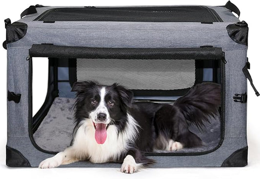 NEZUC Soft Collapsible Dog Crate - 36 Inch Portable Soft Sided Travel Dog Crates for Large Dogs, 4-Door Foldable Dog Carrier, Pet Kennel Indoor & Outdoor (Gray, 36.0" L x 22.0" W x 22.0" H)