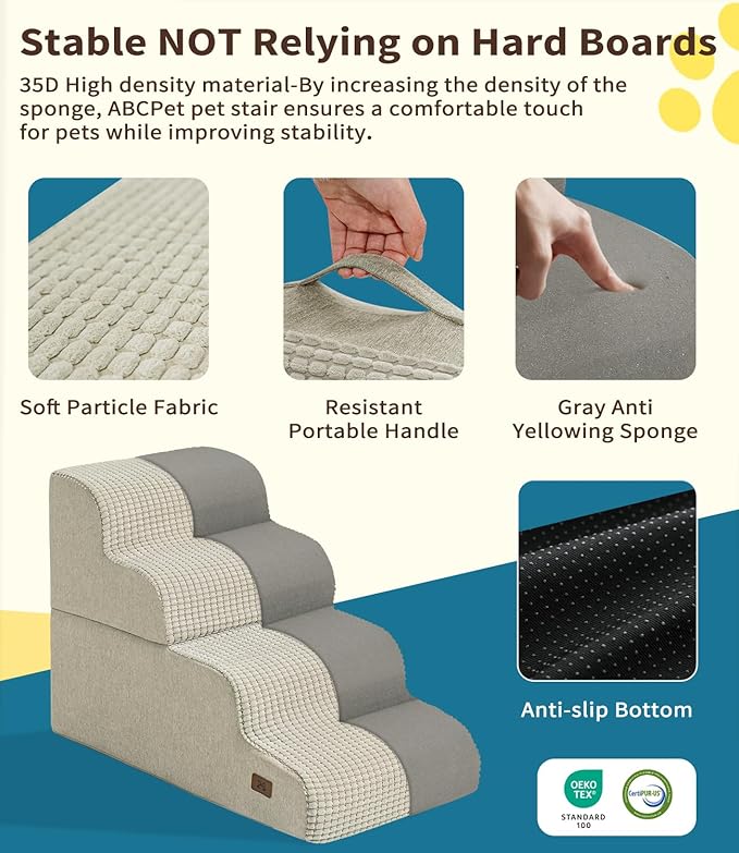 Dog Step for Bed, Dog Stair 4-Step 35D Pet Stair 19.7" H for High Bed or Sofa Non-Slip Balanced Pet Step Indoor, Beige
