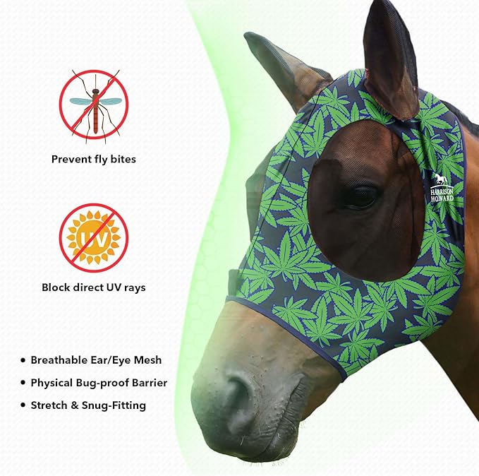 Harrison Howard Super Comfort Stretchy Fly Mask Large Eye Space with UV Protection Soft on Skin with Breathability Live Leaf S