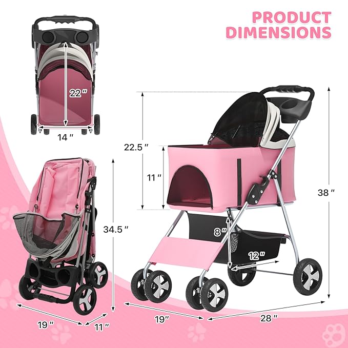 Magshion Foldable Pet Stroller, 3-in-1 Dog Travel Jogger with Detachable Carrier, Cup Holder, Storage Basket, Folding Carrier for Small/Medium Dogs & Cats Up to 33 lbs, Pink