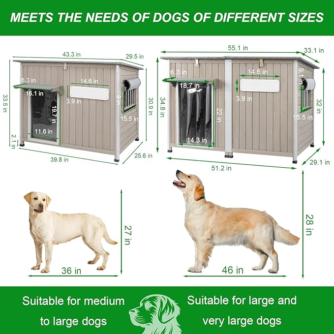 Dog House Outdoor Weatherproof & Wooden Dog Kennel with Chew-Proof Iron Frame，Removable Floor, Adjustable Vent Window, Easy Assembly for Large and Extra-Large Dogs 55.1" D x 33.1" W x 34.8" H