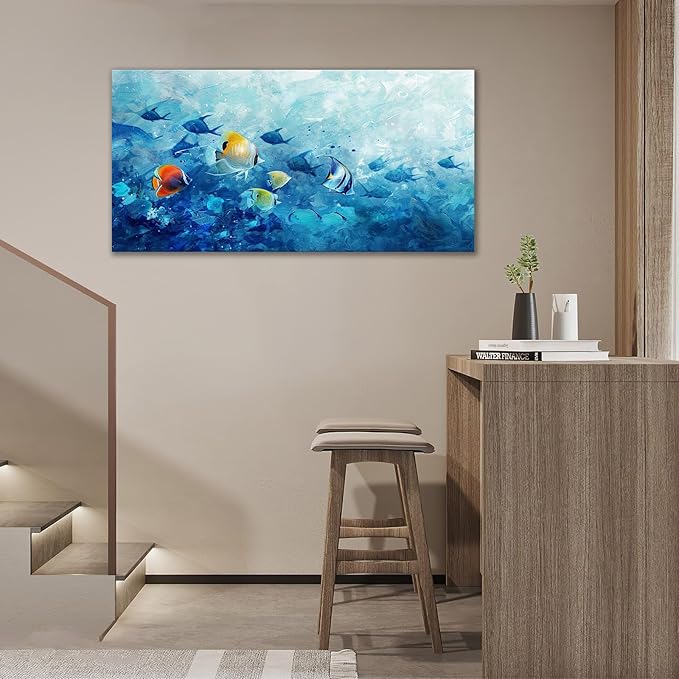 Extra Large Wall Art Tropical Fish Canvas Living Room Pictures Framed Prints Ocean Blue Oversize Wall Decor Animal Painting Artwork for Bedroom Dining Office Home 60"x30"