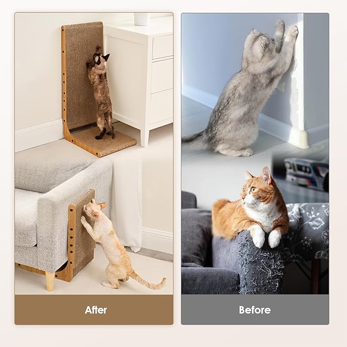 EHEYCIGA Cardboard Cat Scratcher for Indoor Cats, 32 Inch L Shaped Vertical Cat Scratching Board with Ball Cat Toy, Extra Large Cat Scratcher Pad, Brown