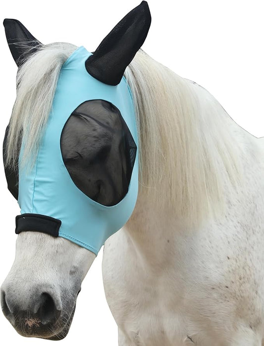 Horse Fly Mask with Ears - Large Eye Space for Full Vision, Breathable Stretch Comfort Fit, UV Protection, Forelock Opening, Easy Pull-On Paleblue Pony