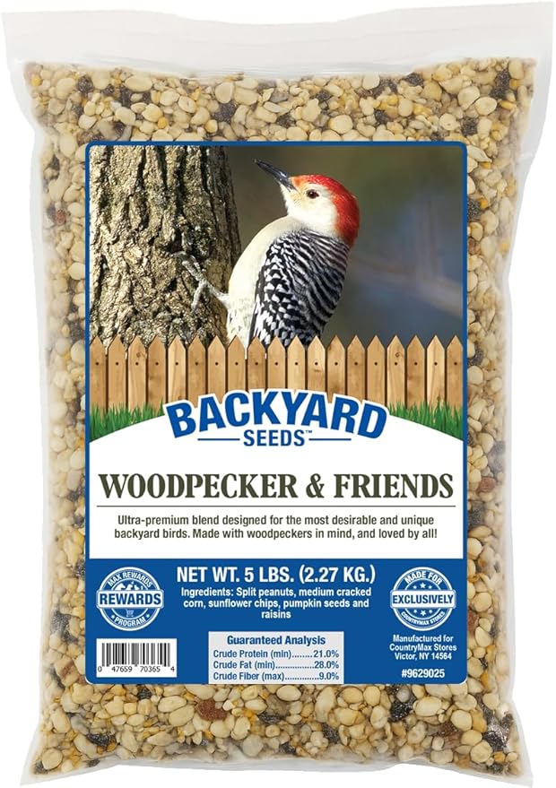 CountryMax Backyard Seeds Woodpecker No Waste Bird Seed Mix – 5 lb Bag | Shelled Peanuts, Sunflower Chips, Tree Nuts | Attracts Woodpeckers, Nuthatches, Jays