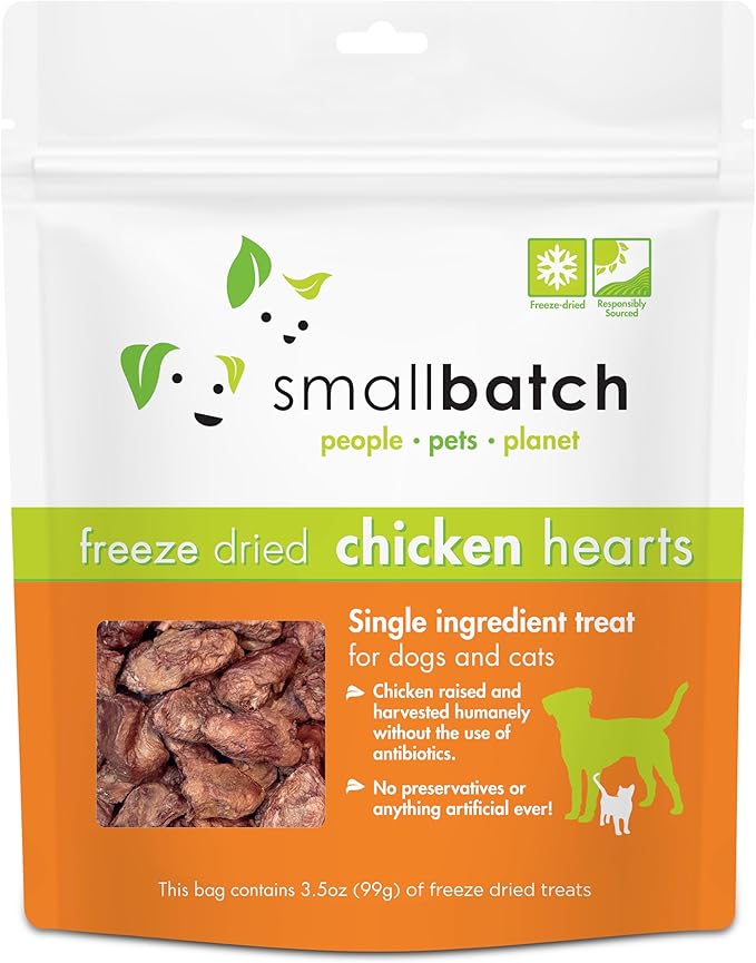 smallbatch Pets Premium Freeze-Dried Chicken Heart Treats for Dogs and Cats, 3.5 oz, Made and Sourced in The USA, Single Ingredient, Humanely Raise Meat, No Preservatives or Anything Artificial Ever