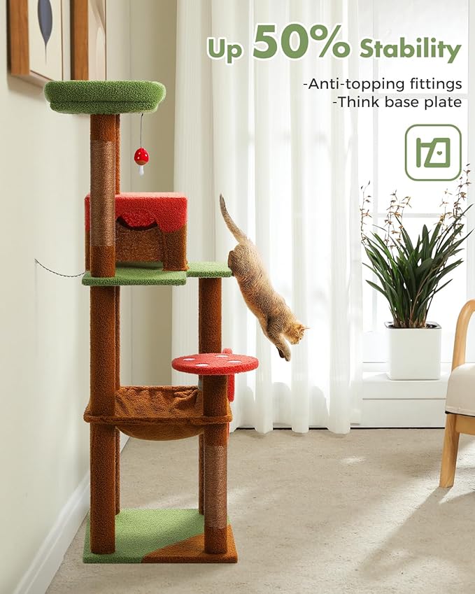 Mushroom Cat Tree Tower with Removable Scratcher, Large Hammock, Condo, Perch, 3 Sisal Posts – Multi-Level Cat Tree for Indoor Cats, Cute Cat Tower for Small Space Homes
