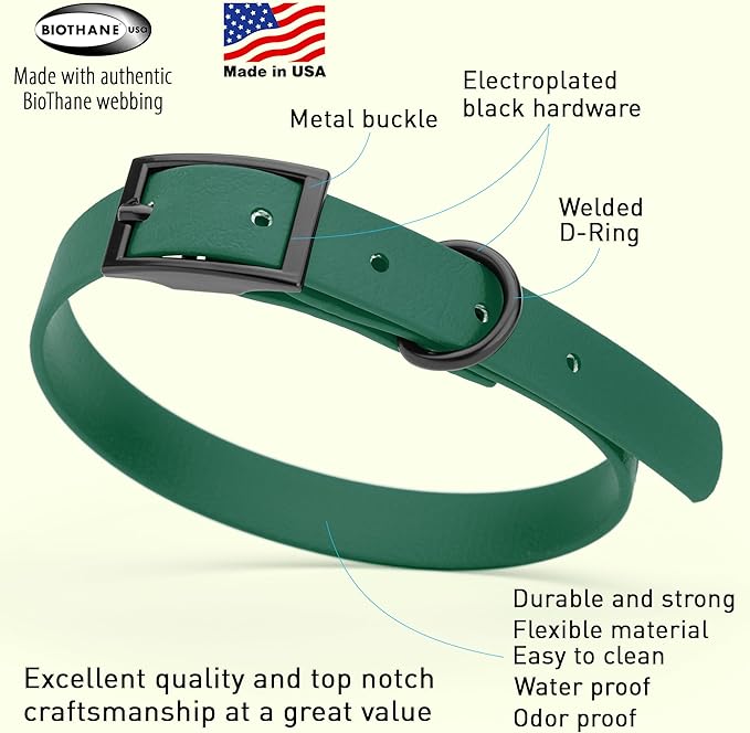Dogline Biothane Waterproof Dog Collar Strong Coated Nylon Webbing with Black Hardware Odor- Proof for Easy Care Easy to Clean High Performance Fits Small Medium or Large Dogs, Hunter Green