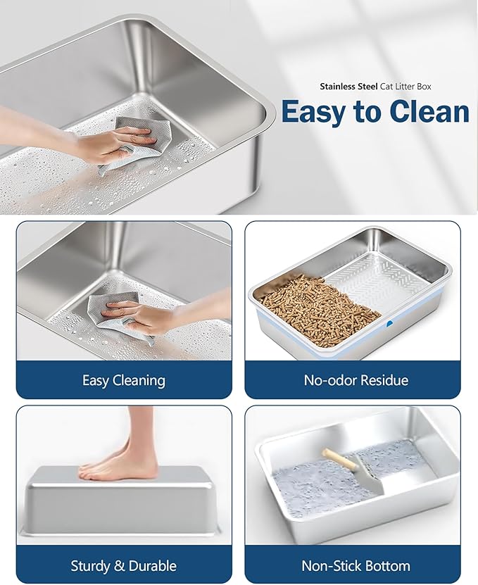 Stainless Steel Sifting Litter Box with Lid, Metal Litter Pan with Scoop for Big Cats Multi Cat, Extra Large Cats Litterbox Odor Control Easy Clean (24 * 16 * 12inch-with Enclosure, X-Large)