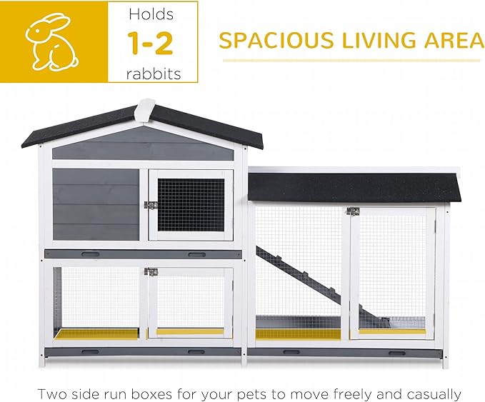 PawHut 62" Rabbit Hutch, Wooden Bunny Hutch, Guinea Pig Cage, Small Animal Enclosure with Run Area, Removable Tray, Asphalt Roof, Lockable Doors and Ramp, Gray