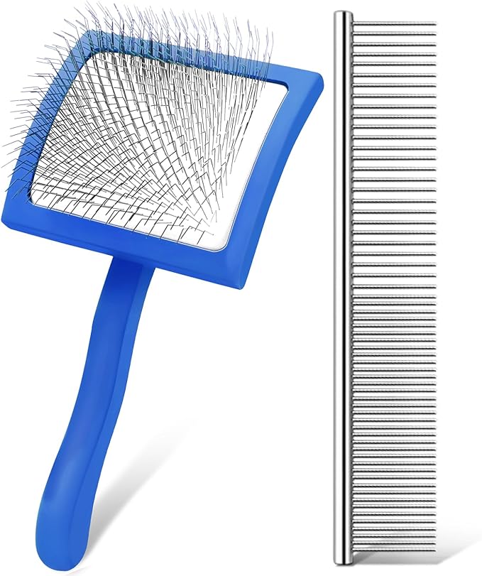 Slicker Brush for Dogs, Long Pin Dog Grooming Brush for Goldendoodles, Poodles, Doodles & More, Includes Bonus Pet Comb, Perfect for De-Shedding, Dematting & Reducing Tangles. Large, Blue
