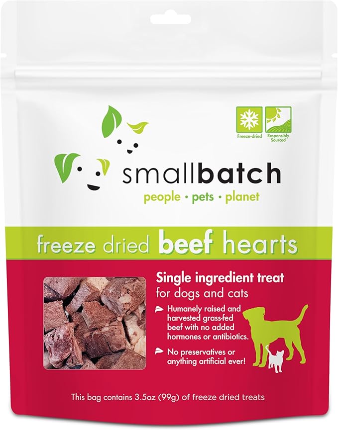 smallbatch Pets Premium Freeze-Dried Beef Heart Treats for Dogs and Cats, 3.5 oz, Made and Sourced in The USA, Single Ingredient, Humanely Raise Meat, No Preservatives or Anything Artificial Ever