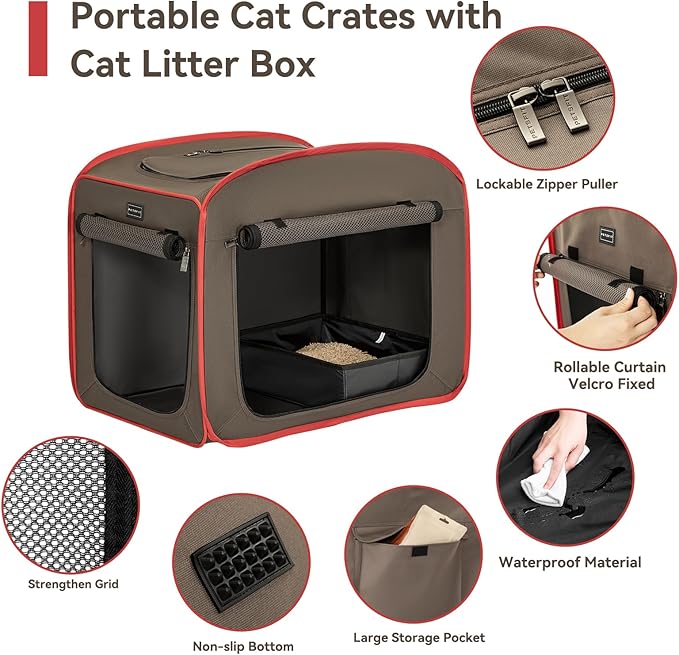 Petsfit Portable Cat Crate with Litter Box and Soft Cushion, Collapsible Pop Up Cat Kennel with Carrying Bag for Travel