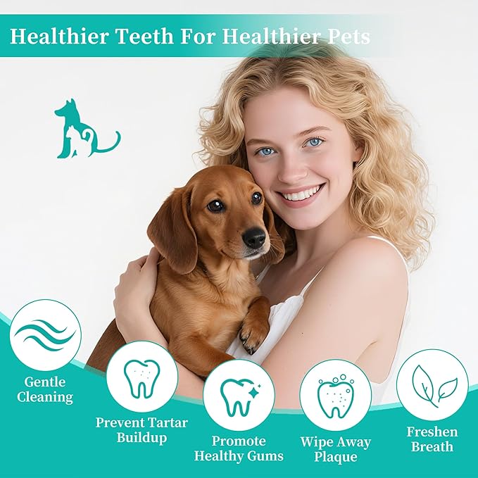 Dog Teeth Cleaning Wipes, Cat & Dog Toothbrush Brushing Kit, Dog Tooth Finger Dental Wipes to Remove Tartar & Plaque, Plant-Based Care Disposable Pet Wipes (50 Count, Uncented)
