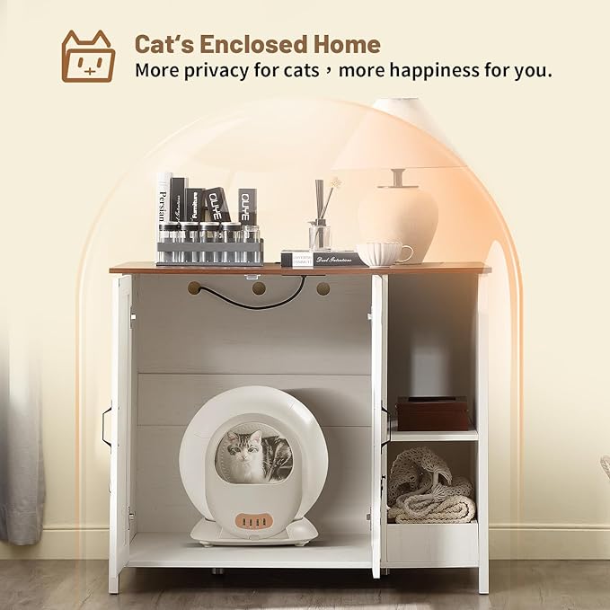 Cat Litter Robot Enclosure,for Placing Litter Robot 3/4,Power Outlet and Dog-Proof Shelf for Litter Robot Cabinet,Litter Collector for Automatic Litter Box Enclosure,Antique White