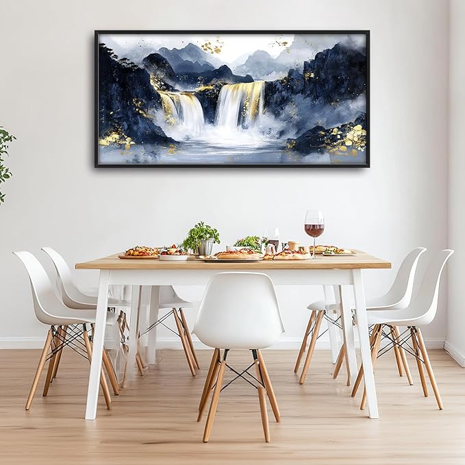 Extra Large Abstract Golden Waterfall Framed Wall Art for Living Room,Oversized Foggy Mountain Pictures Wall Decor,Canvas Print Painting Modern Artwork Bedroom Office Bathroom 60L" x 30W"