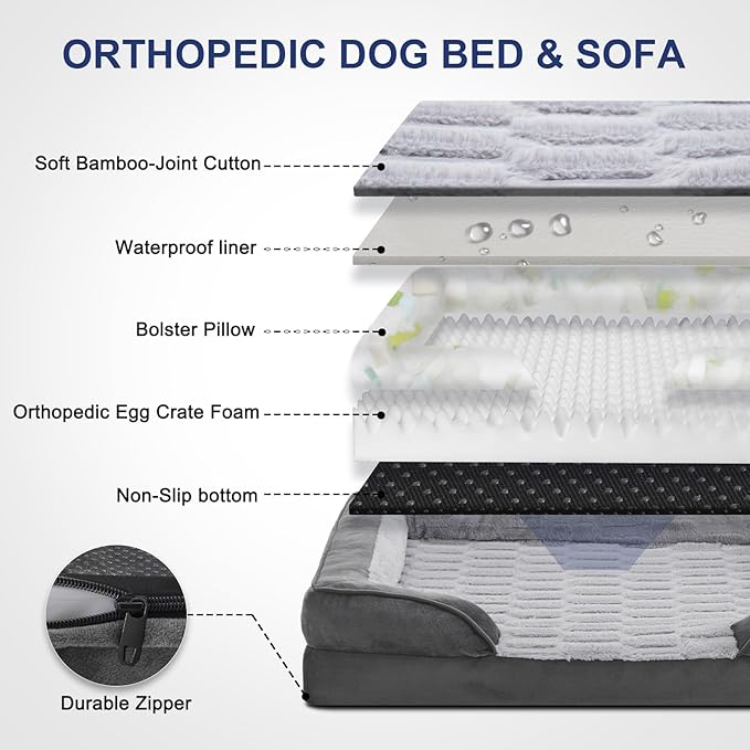 FURTIME Orthopedic Dog Bed for Extra Large Dogs - XL Waterproof Dog Sofa Bed, Ultra Comfy Supportive Foam Pet Bed with Removable Washable Cover, Jumbo Dog Bed with Nonskid Bottom