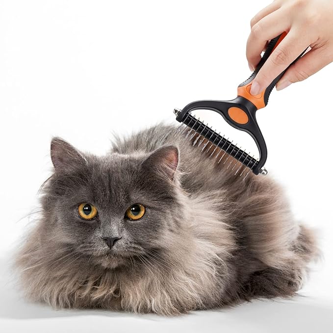 Pet Grooming Tool - 2 Sided Undercoat Rake for Cats and Dogs - Safe Dematting Comb for Easy Mats & Tangles Removing - No More Nasty Shedding and Flying Hair