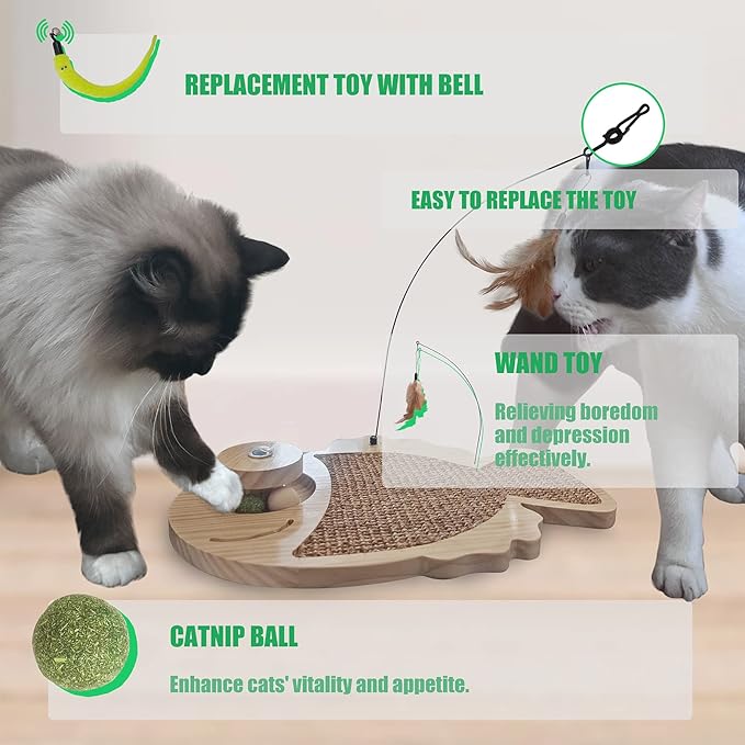 Petest Interactive Cat Toy Natural Sisal Cat Scratcher Toy with Catnip Balls, Fish Design