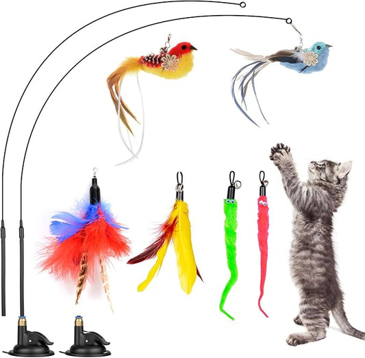 Cat Feather Toys, 10PCS Toys with Super Suction Cup, 2PCS Detachable Wand & 6PCS Replacement Teaser Refills, Interactive Indoor Cat Play