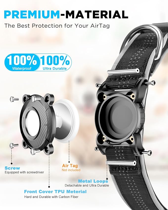 ONEONTA Airtag Dog Collar | Waterproof Airtag Dog Collar Holder with Removable Metal Loop - Airtag Collar Heavy Duty, Reflective, Ultra-Durable, Comfortable Padded, for Small Medium Large Dog, Black M