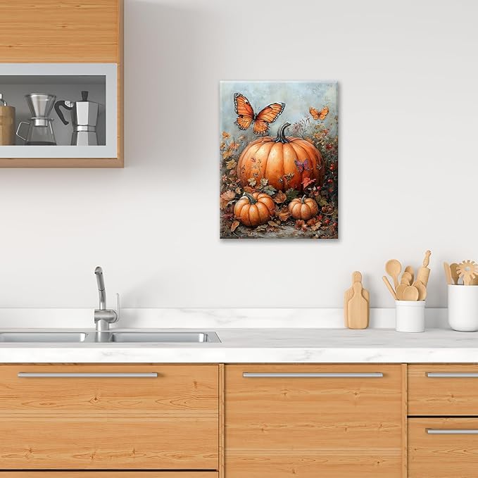 Fall Pumpkin Pictures Wall Art, Rustic Thanksgiving Bathroom Wall Decor, Farmhouse Autumn Butterfly Framed Painting Canvas Artwork for Harvest Gift Bedroom Living Room Decorations 16"L x 12"W