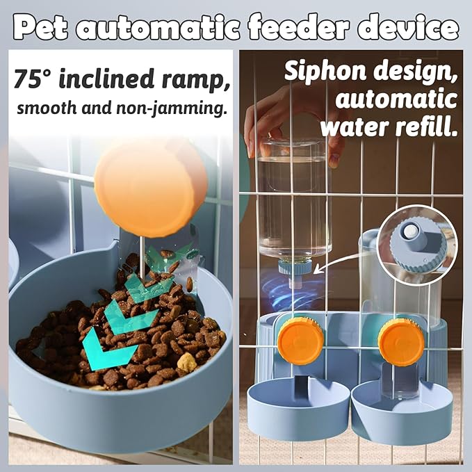 kathson Automatic Rabbit Food and Water Dispenser for Cage, Auto Gravity Bunny Feeder and Water Set Hanging Small Animal Feeding & Watering Supplies for Guinea Pig Ferret Puppy Kitten (Blue)