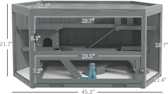 PawHut Wooden Large Hamster Cage, Rat Habitat, 3 Tier Small Animal Exercise Play House with Tray, Water Bottle, Activity Center, Gray