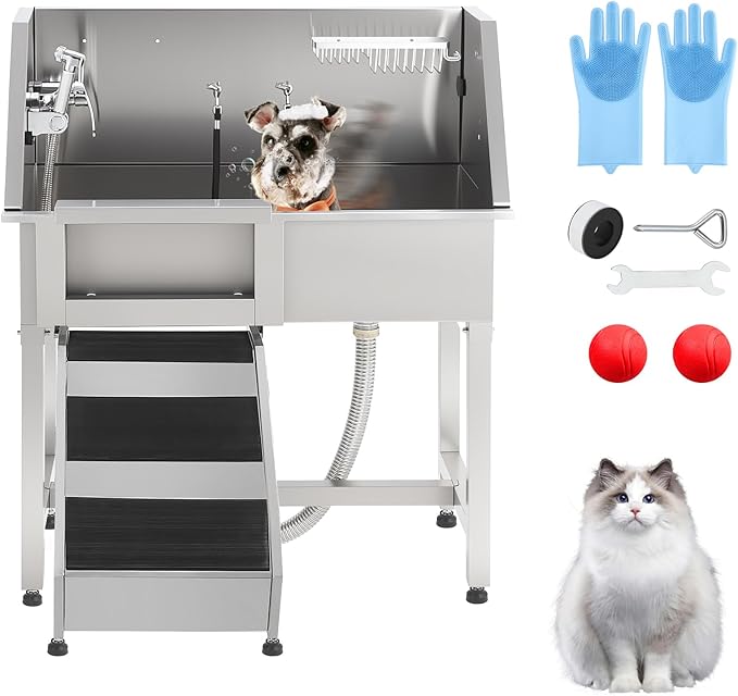JoyJoy Stainless Steel Dog Washing Station - Dog Bath Tub for Large, Medium, Small Dogs, Pet Grooming Tub with Ramp, Non-Slip Grate, Shower, Soap Box, Faucet, Drain for Home & Outdoor（38"）