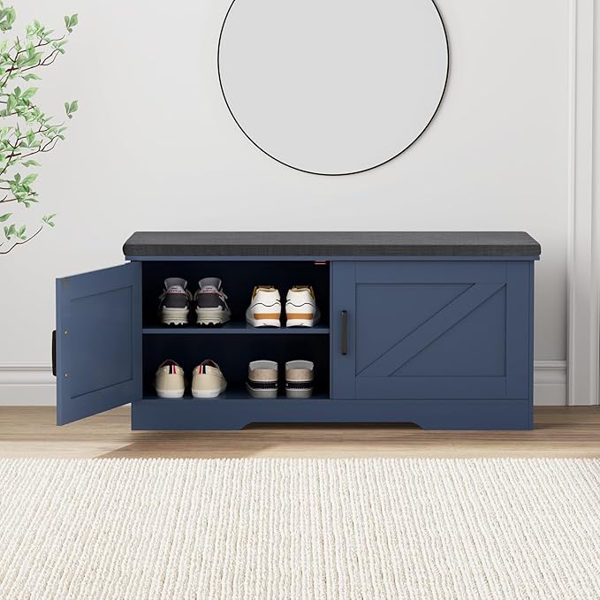2-Tier Storage Bench, Shoe Bench with Padded Seat Cushion, Entryway Bench with 2 Barn Doors, Adjustable Shelf, 13.8" D x 39.4" W x 17.7" H, for Entryway, Living Room, Bedroom, Blue