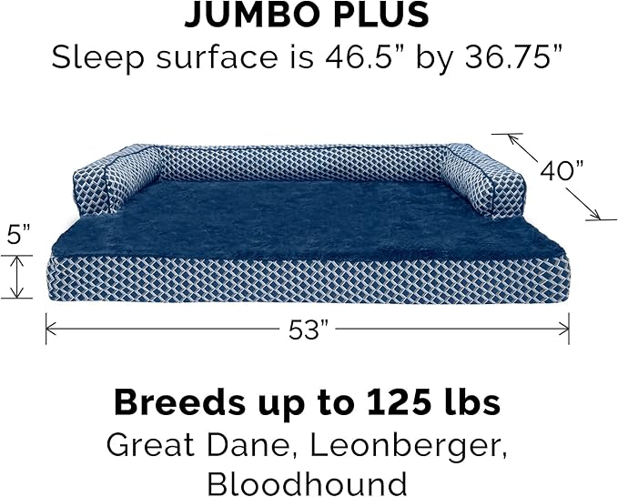 Furhaven Memory Foam Dog Bed for Large Dogs w/ Removable Bolsters & Washable Cover, For Dogs Up to 125 lbs - Plush & Woven Decor Comfy Couch Sofa - Diamond Blue, Jumbo Plus/XXL