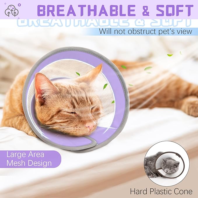 Breathable Air Mesh Cat Cone Collar Soft to Stop Licking, Adjustable, Foldable Lightweight Kitten Cones After Surgery Recovery for Cats & Kittens (Purple, M)