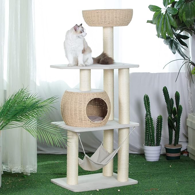 Wood Cat Tree for Indoor Cats, 52.4 Inch Tall, with Scratching Post and Hammock