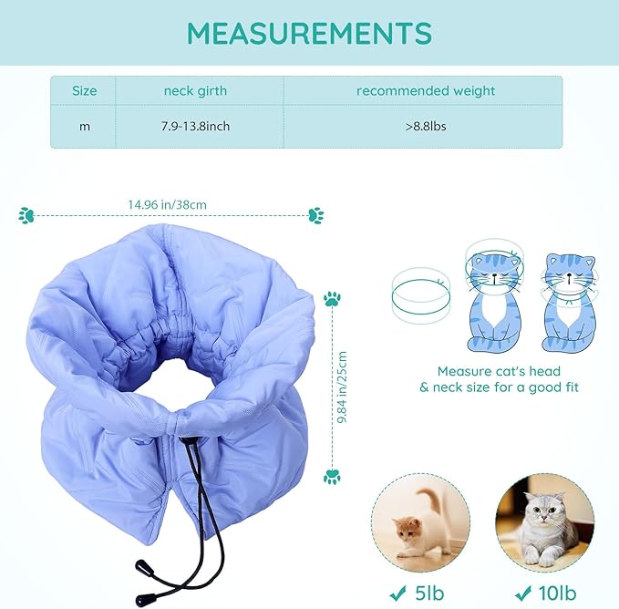 Cat Recovery Collar, Soft Adjustable Cat Cone Alternative, Lightweight Waterproof Fasteners Collars for Cats Kittens Puppies, After Surgery Stop Licking and Daily Use (Blue, M(Neck7.9-13.8"))