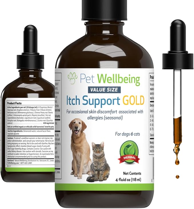 Pet Wellbeing Itch Support Gold for Dogs - Occasional Itching, Scratching, and Hot Spots, Environmental and Seasonal Allergies, Dong Quai - Veterinarian-Formulated Herbal Supplement (4 fl oz (118 ml))