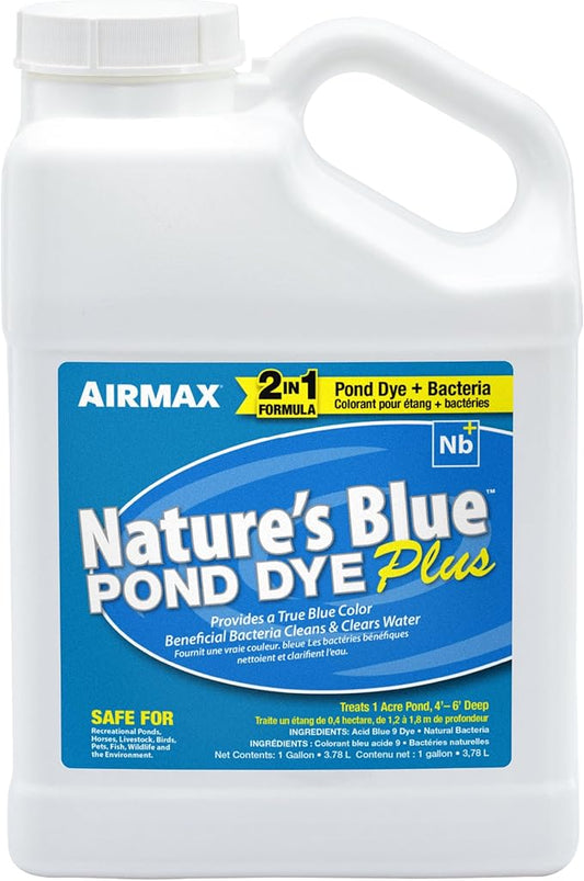 Airmax Pond Dye Plus, Nature's Blue Colorant & Natural Beneficial Bacteria, Large Pond & Lake Water Clarifier & Color Treatment, Shade Plants & Algae from Sunlight, Fish & Livestock Safe, 1 Gallon