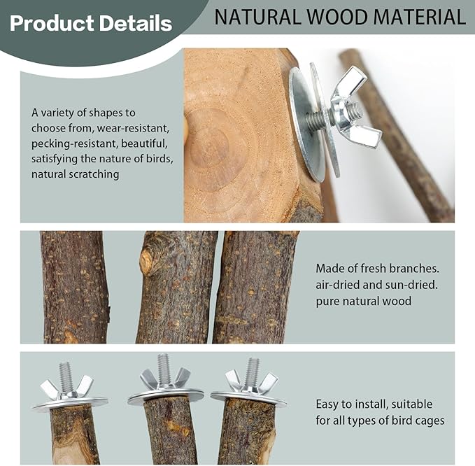 Natural Wood Bird Perches for Cage, Parrot Perch Stand & Platform, Bird Cage Accessories for Parakeets, Cockatiels, Conures, Lovebirds (Brown, Core Perch & Platform - 8PCS)