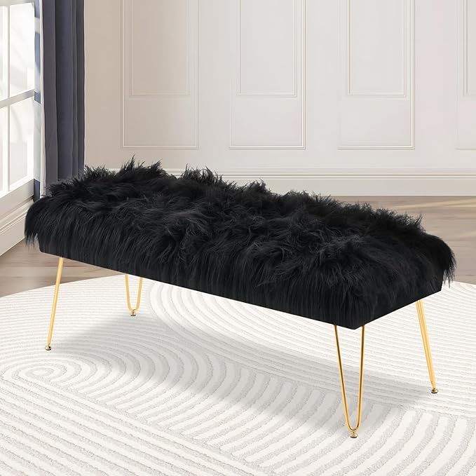 42.5 Inch Black Bedroom Bench, Benches for Bedroom White Faux Fur Upholstered Bed end Bench, Tufting Ottoman Bench Indoor Bench with Metal Legs for Living Room Bedroom Entryway, Black