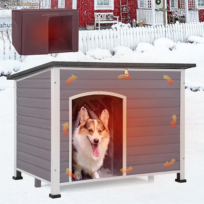 GUTINNEEN Large Insulated Dog House for Winter Outdoor Dog Kennel with Anti-Chewing Metal Frame for Medium to Large Dogs,Grey and White