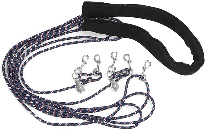 QWORK Adjustable Horse Training and Lunging Aid with Rear Fleece Cover, Navy/Red, Encourages Proper Head Carriage and Comfortable Stretching, Durable Braided Nylon Rope with Metal Clips,